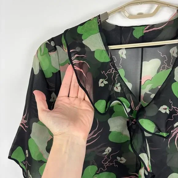 MARNI Black Green Floral Ruffle V-neck Blouse silk organza sheer fairy preppy